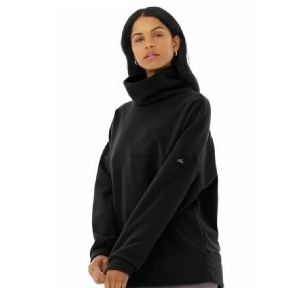 ALO Yoga Black Funnel Neck Pullover Hoodie